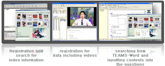 Registation and search for index information, registration for data including videos, searching from TEAMS-WORD and inputting contents into the questions